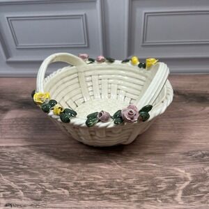 Vintage Ceramic Lattice Basket Yellow Pink Roses Handle Italian Decorative Dish